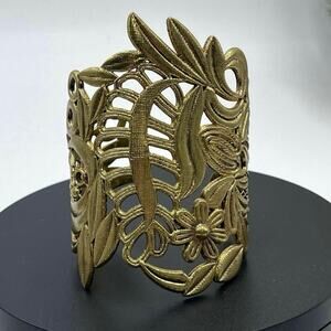 Large Filigree Ornate Lace Floral Leaf Gold Tone Wide Textured Cuff Bracelet